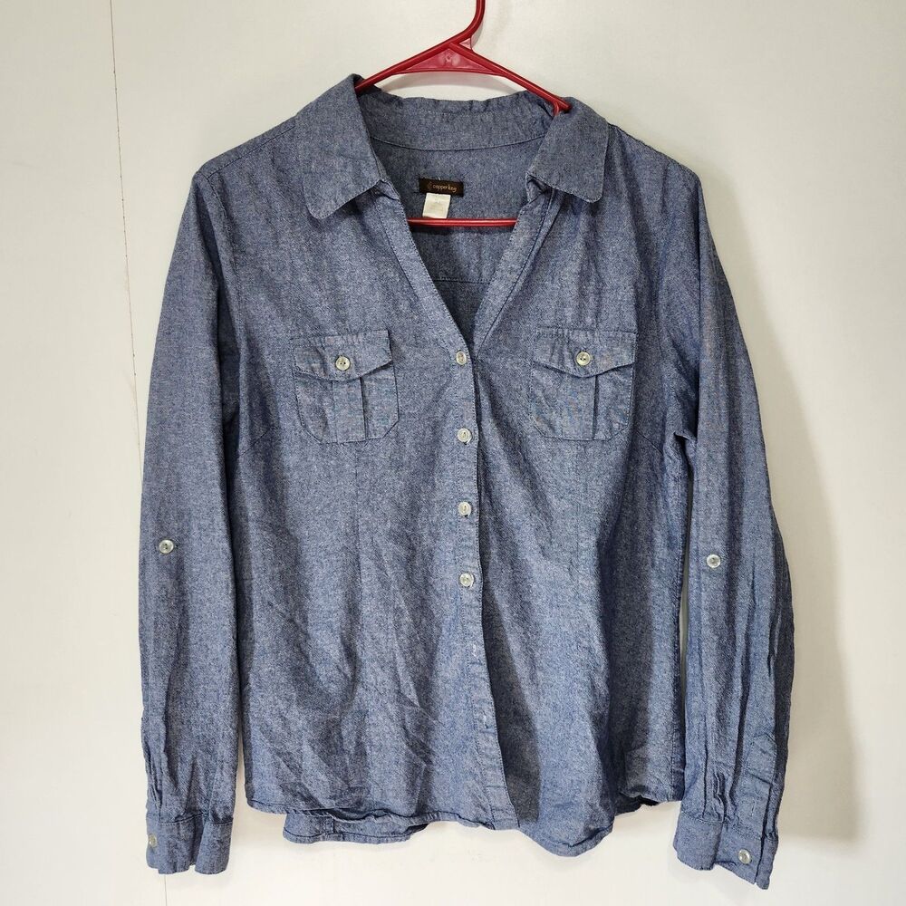 Copper Key Women’s Blue 100% Cotton V-Neck Button-Down Blouse Juniors XL Casual